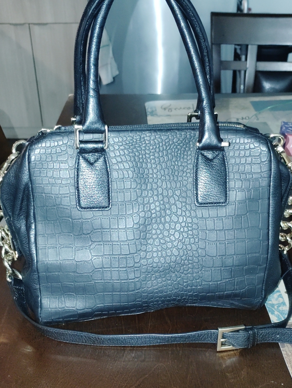 Marc Fisher,leather, Croc-Embossed Black Satchel with Gold Chain Accents